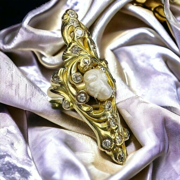 14k Gold Antique Diamond Baroque Pearl Ring Size 6.5 Victorian Art Nouveau 9.9g - Picture 2 of 16